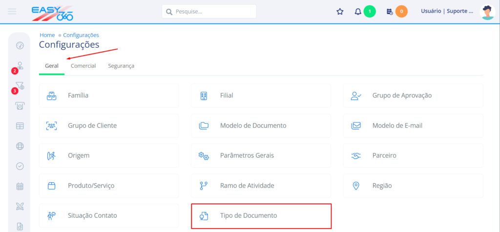 Na aba Geral acesse Tipo de Documento
