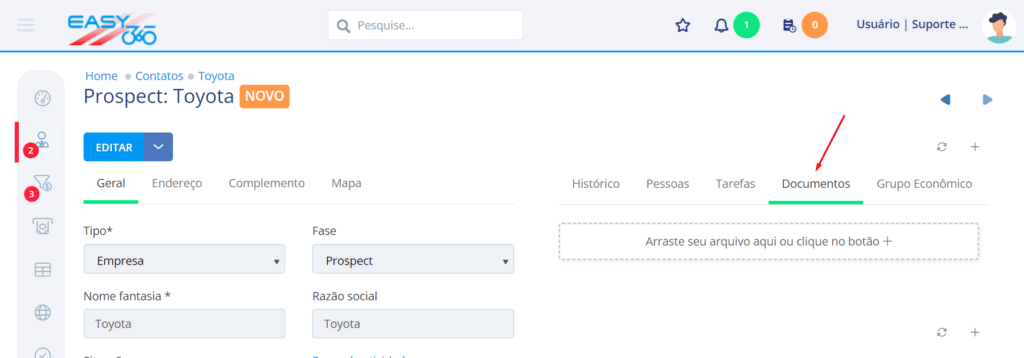Clique na aba Documentos