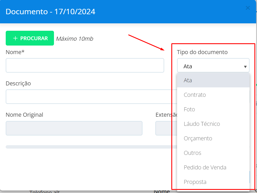 No campo tipo de documento adicione um já cadastrado