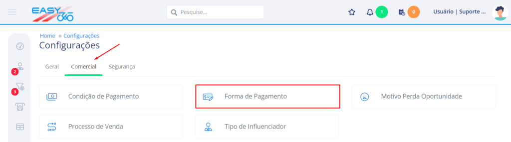 Na aba Geral acesse Forma de Pagamento