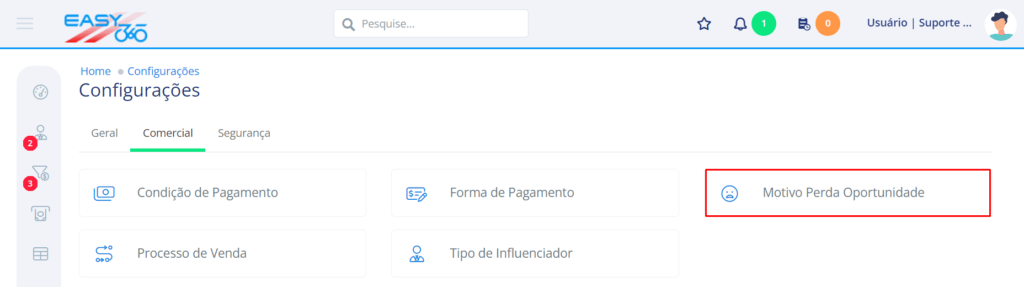 Na aba comercial acesse motivo de perda oportunidade