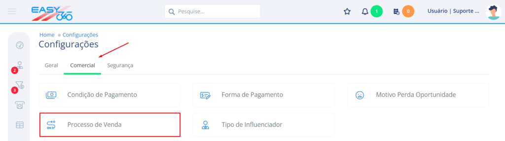 Na aba Comercial acesse Processo de Venda