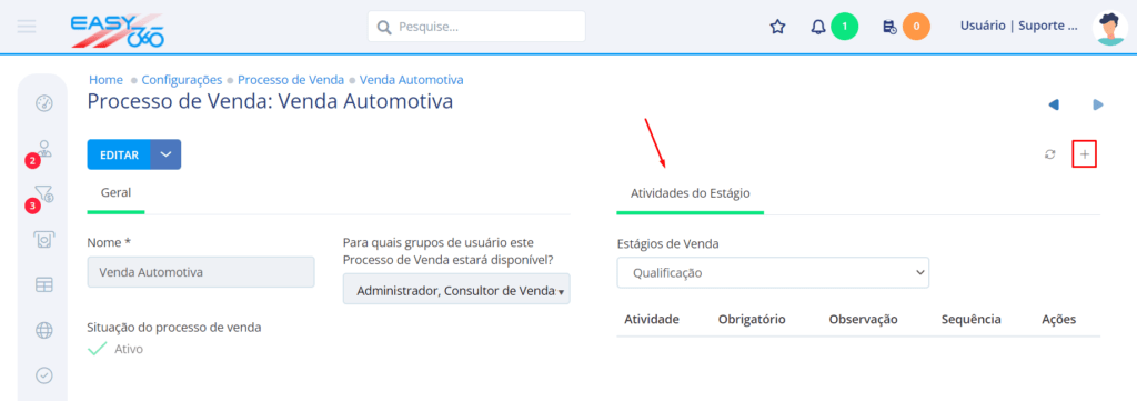 Na aba atividades do estágio clique no ícone +