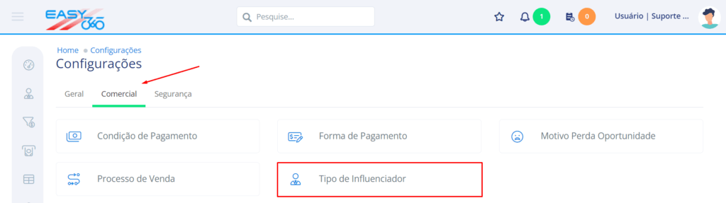 Na aba comercial acesse Tipo de Influenciador