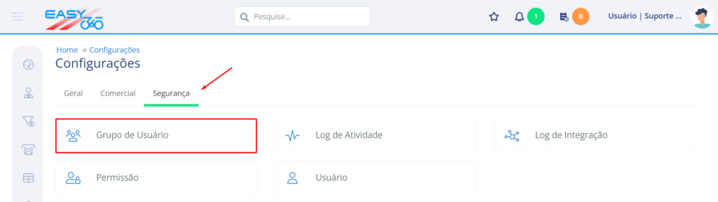 Na aba segurança acesse grupo de usuário