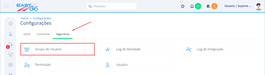 Na aba segurança acesse Grupo de Usuário