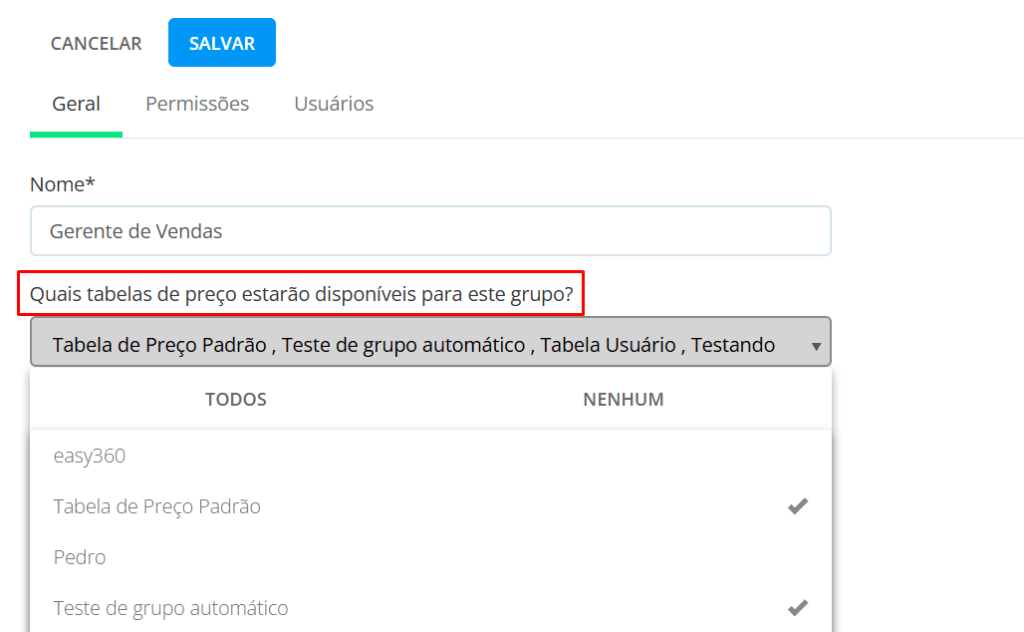 Conceder acesso ao grupo de usuário para uma Tabela de Preço