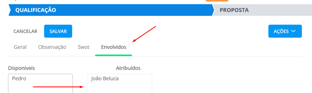 Na aba envolvido compartilhe uma oportunidade de vendas por atrubuir usuários disponíveis.