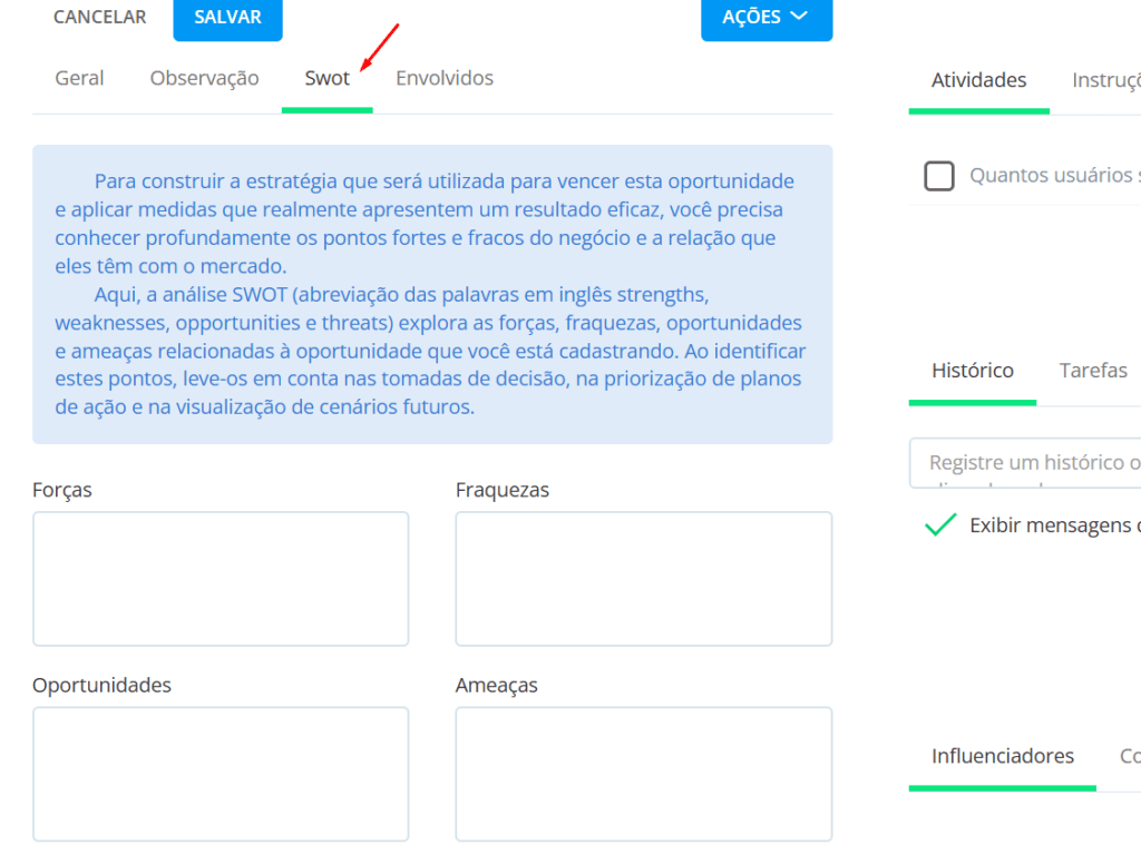 Acesse a aba SWOT e preencha as informações no formulário de cadastro