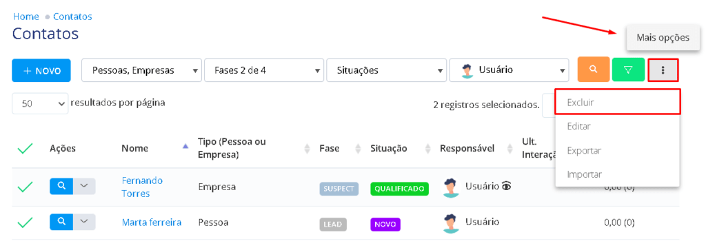 No botão + opções clique para excluir