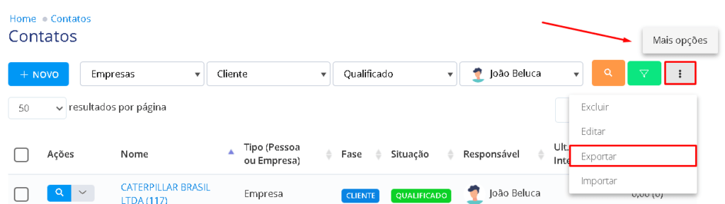 Botão mais opções e exportar