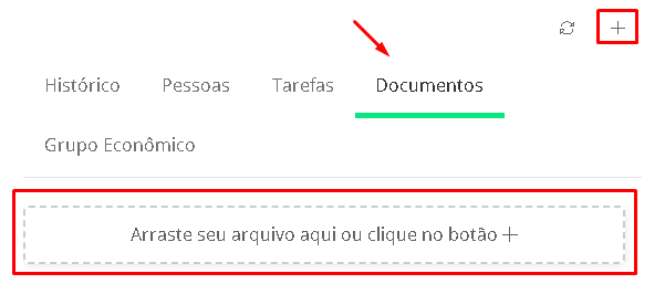 Na aba documentos clique no botão + ou arraste seu arquivo