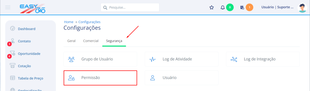 Na aba Segurança acesse Permissão