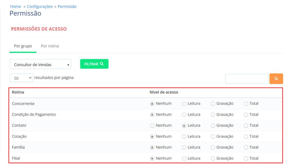 Listagem com as rotinas disponíveis e o Nível de Acesso