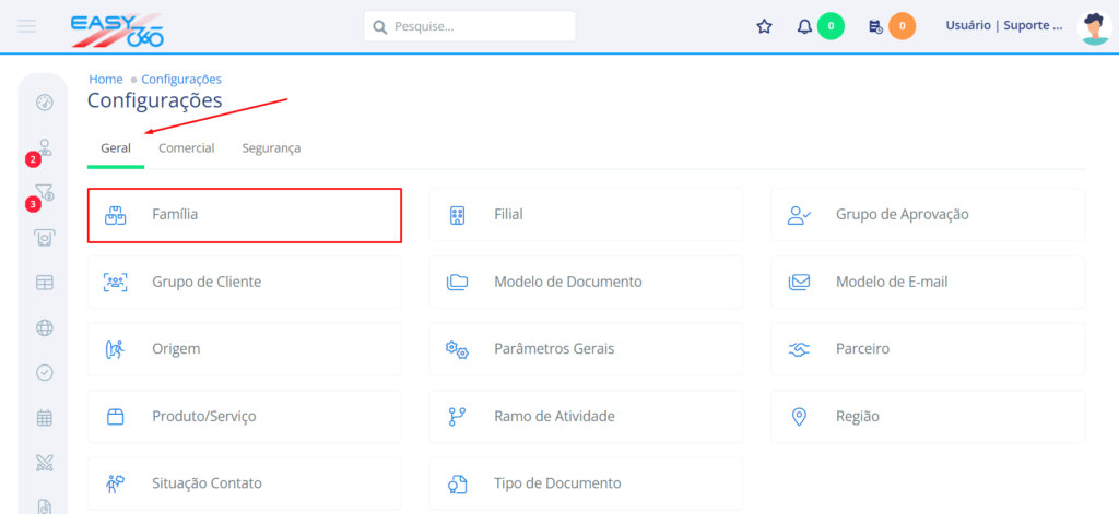Na aba Geral acesse Família