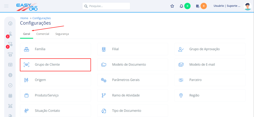 Na aba Geral acesse Grupo de Cliente