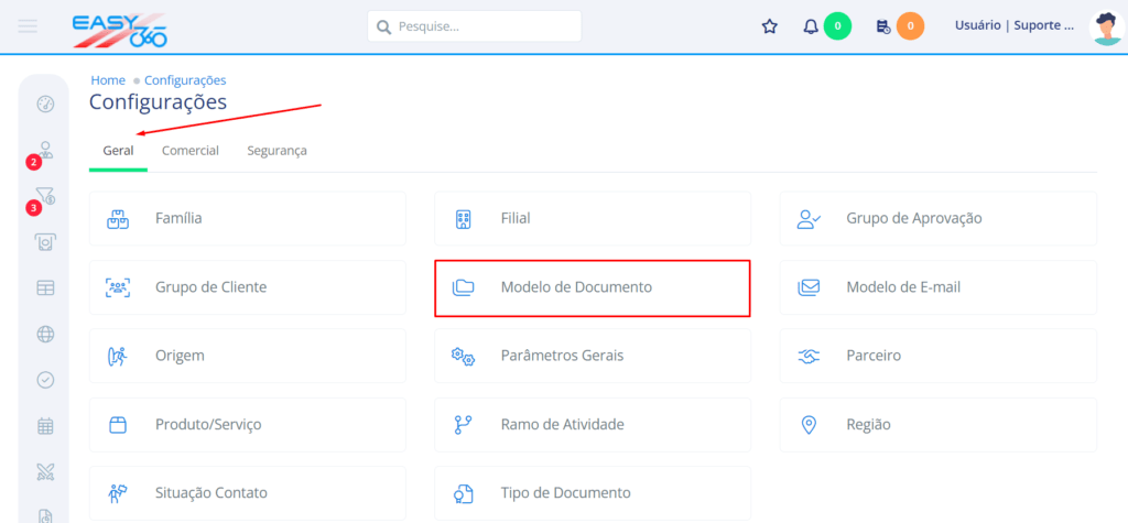 Na aba geral acesse modelo de documento