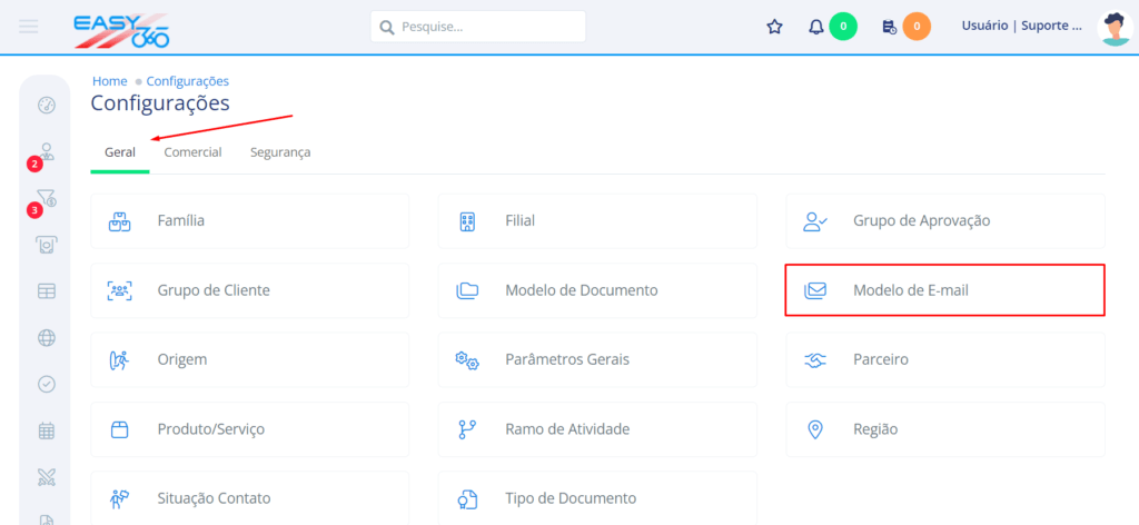 Na aba Geral acesse Modelo de E-mail