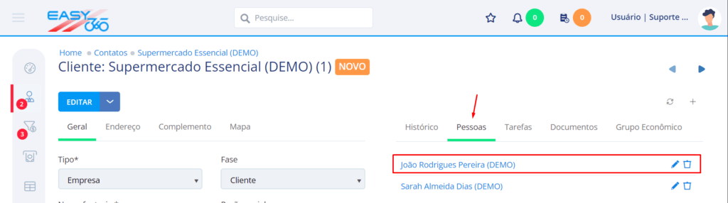 Na aba Pessoas clique em um contato 