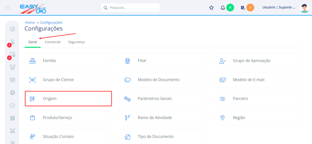 Na aba geral acesse origem