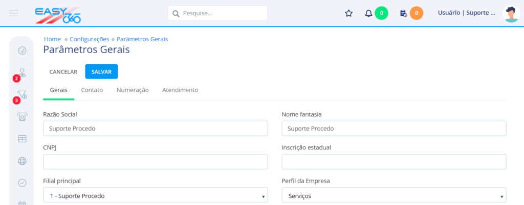 Em Parâmetros gerais é possível adicionar dados gerais para a empresa, inclusive o Perfil.