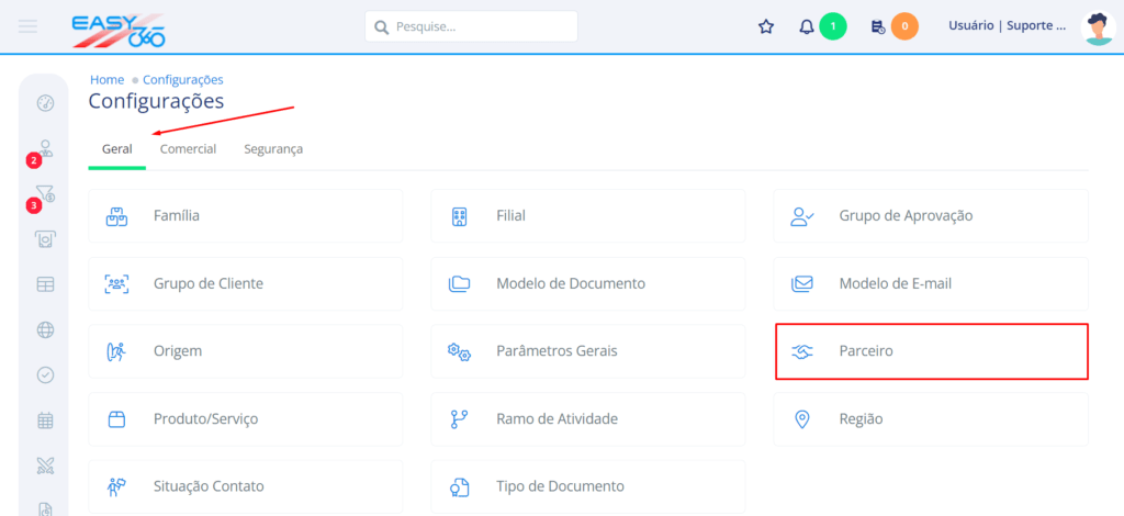 Na aba geral acesse Parceiro