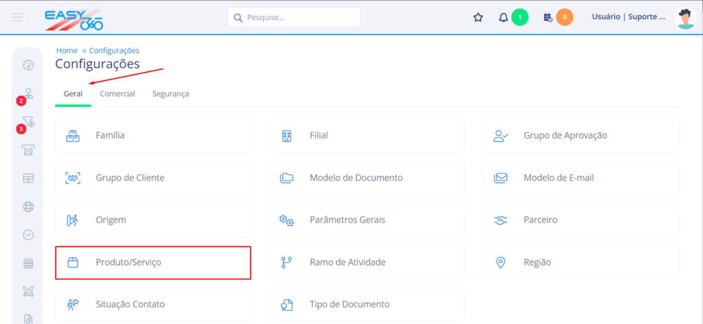 Na aba geral acesse produto/serviço