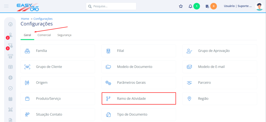 Na aba geral acesse Ramo de Atividade
