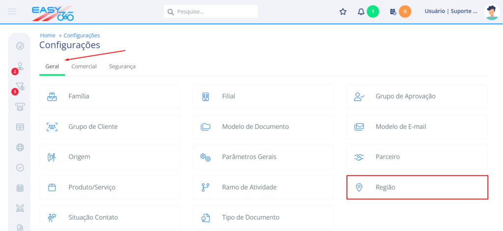 Na aba geral acesse Região
