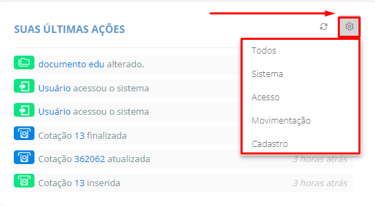 selecione a engrenagem em últimas ações para visualizar