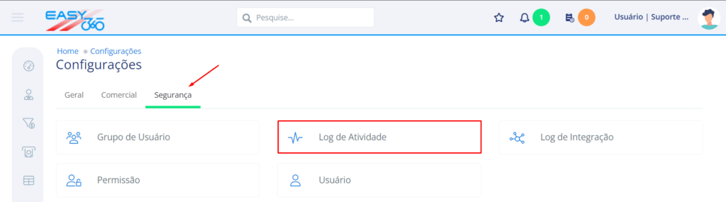 Na aba segurança acesse log de atividade