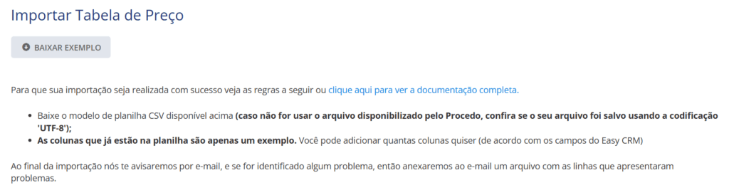 Informações para realizar a importação com sucesso