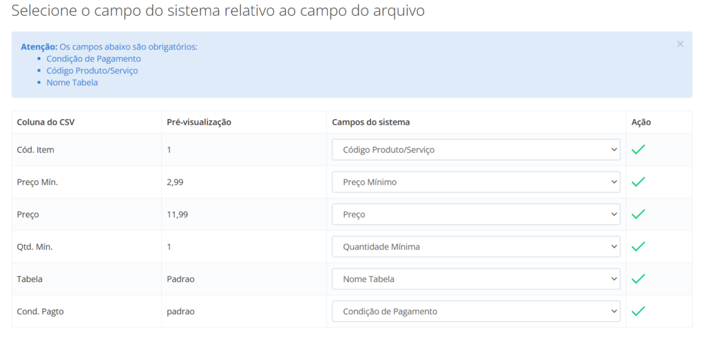 Lista com os campos obrigatórios