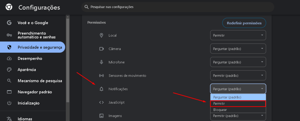 Privacidade - notificações - permitir