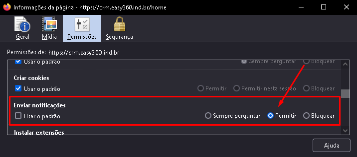 Permissões - Enviar notificações - Permitir