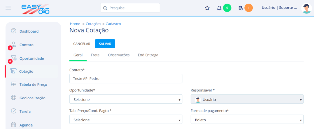 Preencha o formulário de cadastro para a nova cotação.