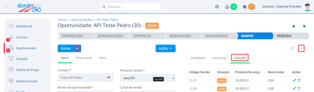 Acesse a aba Cotações dentro de uma oportunidade e clique no botão + para criar cotação.