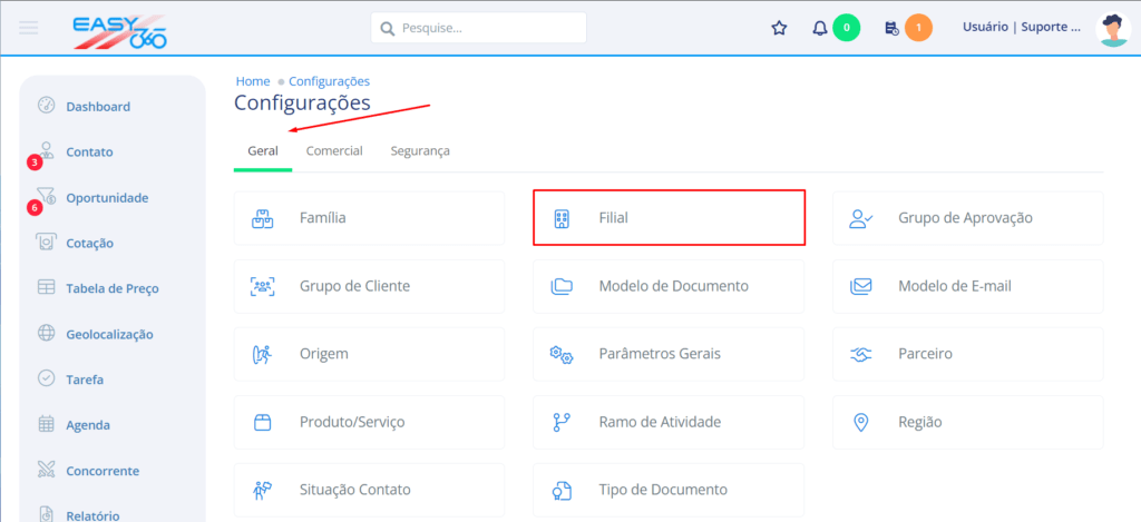 Na aba Geral acesse Filial
