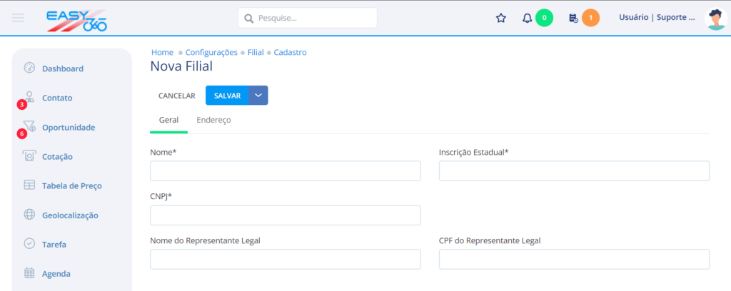Formulário de cadastro para filial