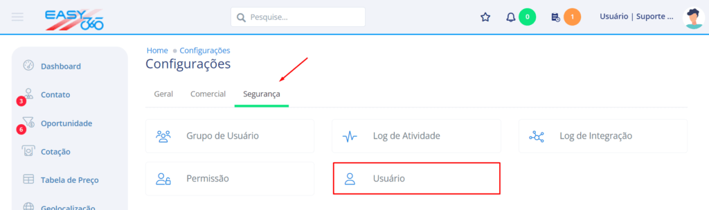 Na aba segurança acesse usuário
