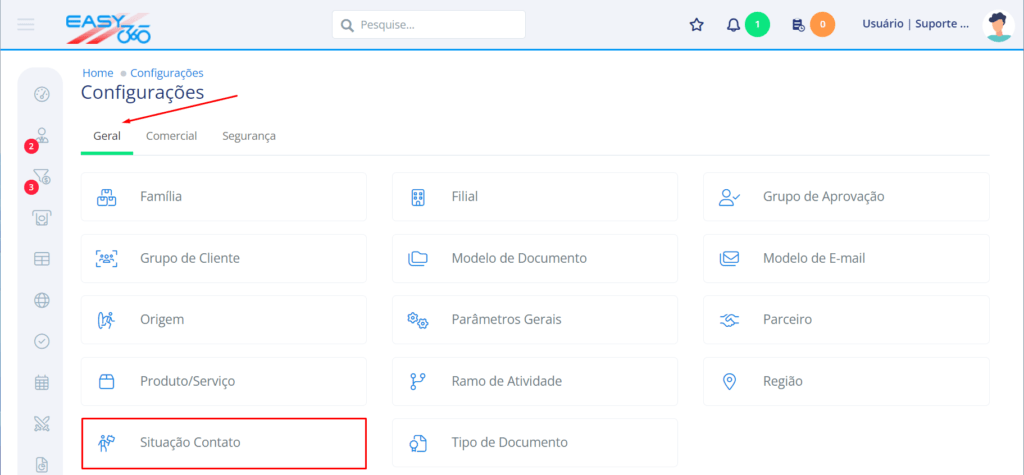 Na aba geral acesse Situação Contato