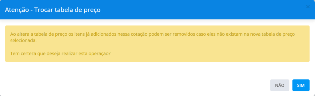 Alerta de troca de tabela