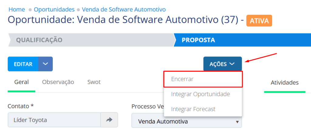 Clique no botão Ações e na opção Encerrar.