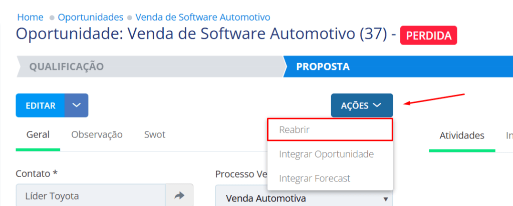 No botão ações clique em Reabrir