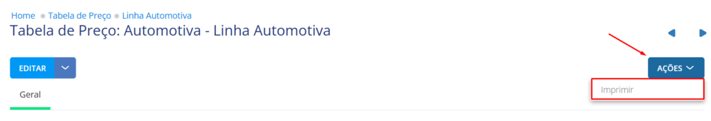 No botão ações clique para imprimir