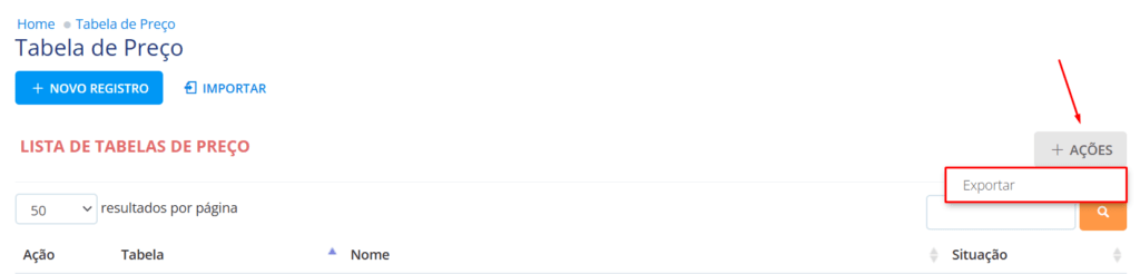 No botão ações clique para exportar