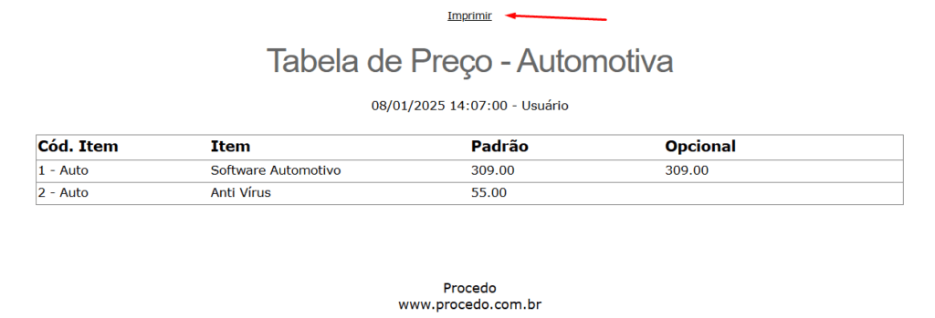 Layout para imprimir tabela