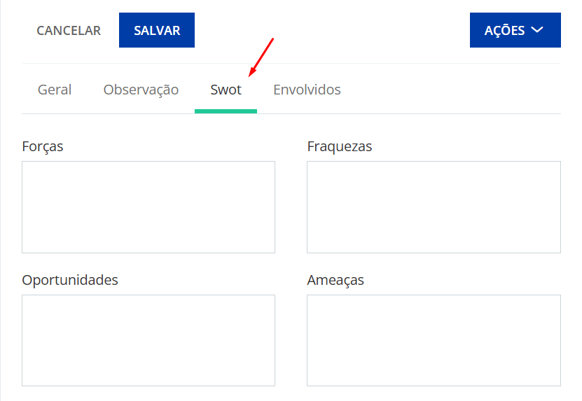 Na aba SWOT insira as informações necessárias no formulário de cadastro.