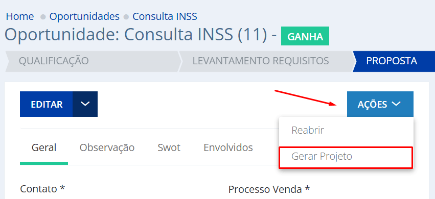 Em uma Oportunidade Ganha clique no botão ações e gerar projeto
