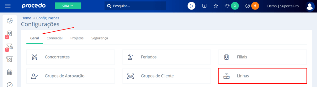Na aba Geral acesse Linhas